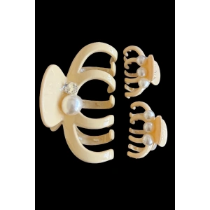 Krem Renk İnci Detaylı 3lü Kemik Mandal Toka Set