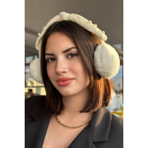 Krem Renk İnci Detaylı Kulaklı Çocuk Peluş Kulaklık