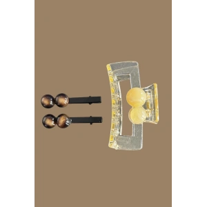 Krem Renk İnci Detaylı Yan Toka Ve Mandal Toka Set