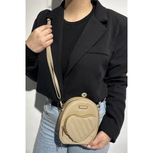 Krem Renk Kalp Detaylı Deri Kadın Çanta