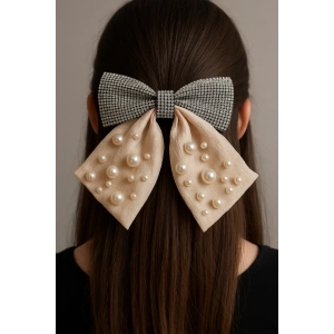 Krem Renk Kurdele Figürlü İnci Ve Taş Detaylı Otomat Toka