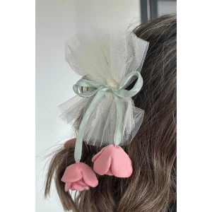 Krem Renk Lale Figürlü Tül Detaylı Mandal Toka