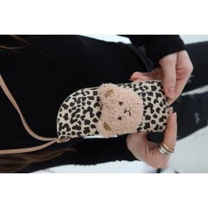 Krem Renk Leopar Desenli Ayıcık Figürlü Boyundan Asmalı Gözlük Kılıfı