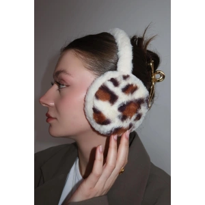 Krem Renk Leopar Detaylı Peluş Kulaklık