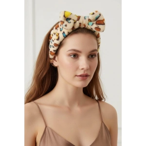 Krem Renk Leopar Figürlü Peluş Saç Bandı