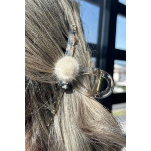 Krem Renk Taş Ve Peluş Detaylı Mandal Toka