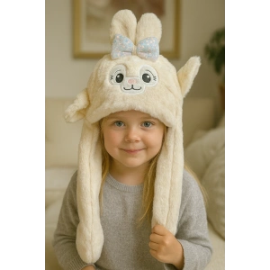 Krem Renk Tavşan Figürlü Kulakları Oynayan Peluş Şapka
