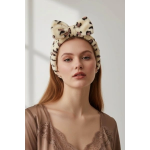 Krem Ve Kahve Renk Kurdele Figürlü Leopar Desenli Peluş Saç Bandı