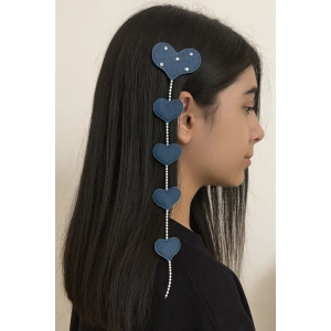 Lacivert Renk Kalp Figürlü İnci Ve Taş Detaylı Pens Toka