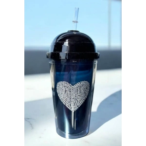 Lacivert Renk Kalp Figürlü Taş Detaylı Pipetli Suluk