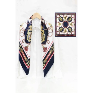 Lacivert Renk Karışık Desenli Saten Şal/Fular