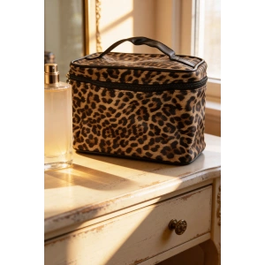 Leopar Desenli Deri  Makyaj Çantası