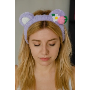 Lila Renk Çiçek Ve Çilek Figürlü Kulak Detaylı Peluş Saç Bandı