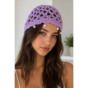 Lila Renk İnci Detaylı Örgü Saç Bandana