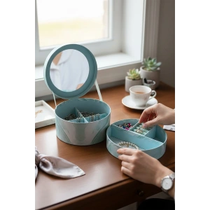 Mavi Renk Ayna Detaylı 2 Bölmeli Takı Organizeri