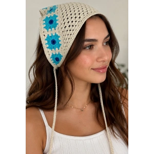 Mavi Renk Çiçek Desenli Örgü Saç Bandana