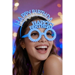 Mavi Renk Happy Birthday Yazılı Gözlük Ve Taç
