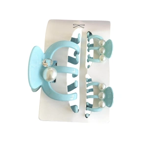 Mavi Renk İnci Detaylı 3lü Kemik Mandal Toka Set