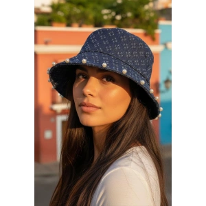 Mavi Renk İnci Detaylı Kot Tasarım Şapka