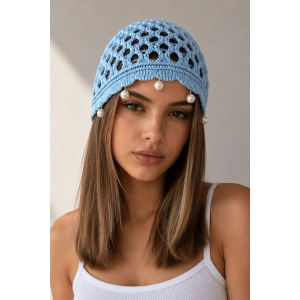 Mavi Renk İnci Detaylı Örgü Saç Bandana