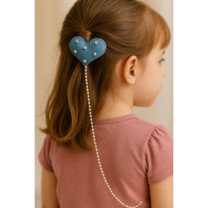 Mavi Renk Kalp Figürlü Sallantılı İnci Detaylı Çocuk Yan Toka