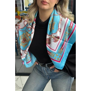 Mavi Renk Karışık Desenli Saten Şal/Fular