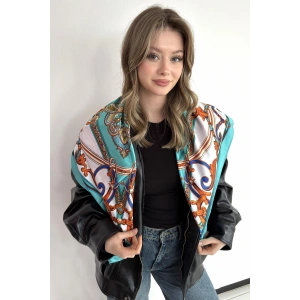 Mavi Renk Karışık Desenli Saten Şal/Fular