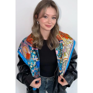 Mavi Renk Karışık Desenli Saten Şal/Fular