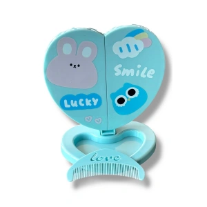 Mavi Renk Karışık Figürlü Kalp Detaylı Tarak / Masa Aynası Set