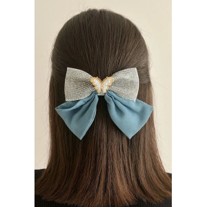 Mavi Renk Kelebek Figürlü Taş Detaylı Kurdele Otomat Toka