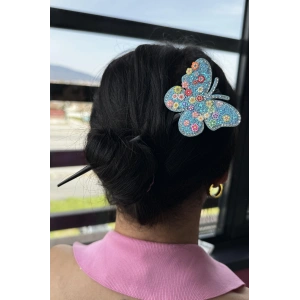 Mavi Renk Kelebek Figürlü Topuz Tokası/Topuz Kalemi