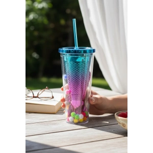 Mavi Renk Kuyruk Figürlü Ponpon Detaylı Pipetli Suluk