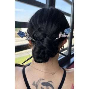 Mavi Renk Lale Figürlü Taş Detaylı Topuz Tokası/ Kalemi