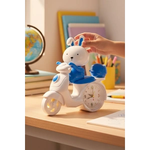 Mavi Renk Motor Figürlü Mini Dekoratif Alarmlı Yuvarlak Masa Saati