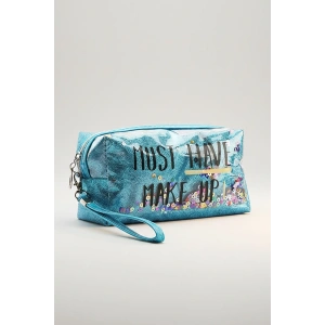 Mavi Renk Simli Makyaj Çantası