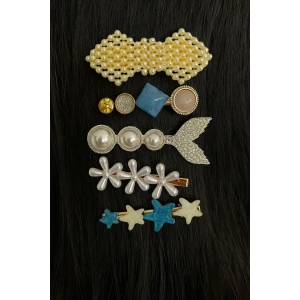 Mavi Renk Taş Detaylı 5li Yan Toka Set