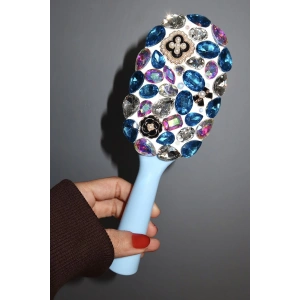 Mavi Renk Taş Ve İnci Detaylı Saç Tarama Fırçası/ Tarak