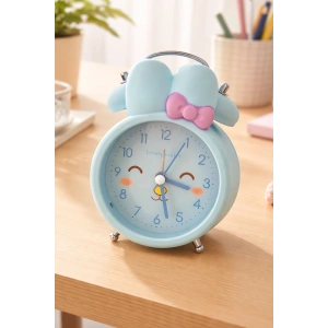 Mavi Renk Tavşan Figürlü Mini Dekoratif Işıklı Alarmlı Yuvarlak Masa Saati