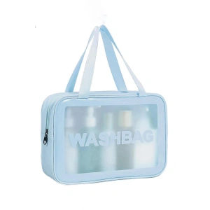 Mavi Renk Washbag Yazılı Su Geçirmez Büyük Boy Makyaj Çantası