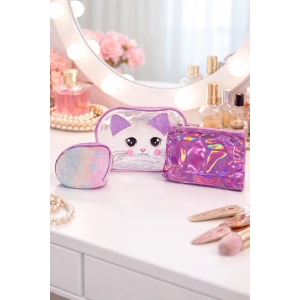 Mor Renk 3lü Makyaj Çantası