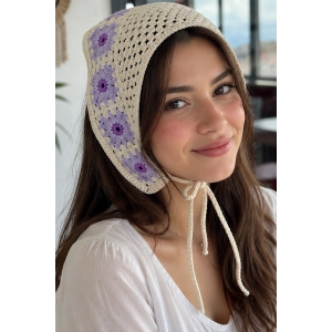 Mor Renk Çiçek Desenli Örgü Saç Bandana