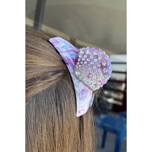 Mor Renk Deniz Kabuğu Figürlü Taş Detaylı Kemik Mandal Toka