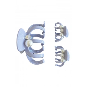 Mor Renk İnci Detaylı 3lü Kemik Mandal Toka Set