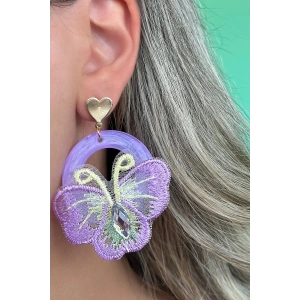 Mor Renk Kelebek Figürlü Kalp Detaylı Küpe (Çift)