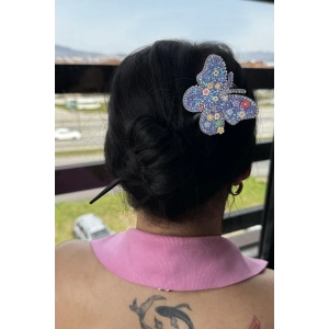 Mor Renk Kelebek Figürlü Topuz Tokası/Topuz Kalemi