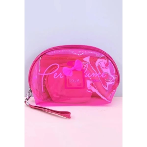 Pembe Renk 3lü Şeffaf Makyaj Çantası