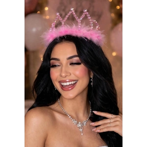 Pembe Renk Boncuk Detaylı Tüylü Taç