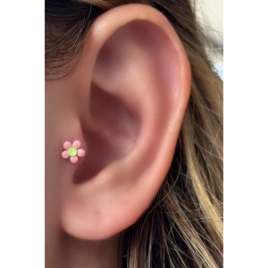 Pembe Renk Çiçek Figürlü Çelik Tragus/Kıkırdak Küpe/Piercing (Tek)