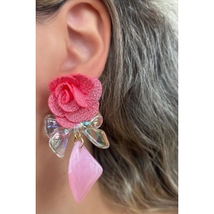 Pembe Renk Çiçek Ve Kurdele Figürlü Küpe (Çift)