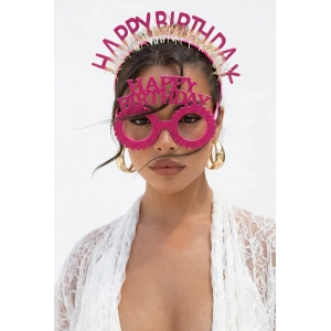 Pembe Renk Happy Birthday Yazılı Gözlük Ve Taç